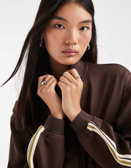 JJXX giacca coordinata con chiusura con zip e dettaglio a righe marrone, 3 di 4