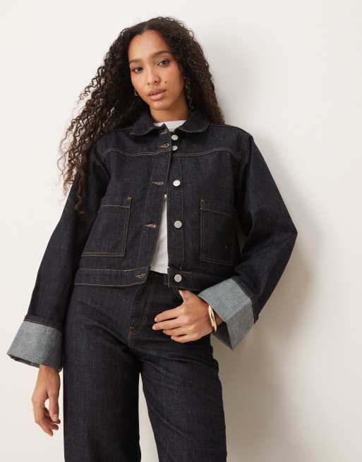 JJXX - Giacca di jeans blu scuro con dettagli risvoltati