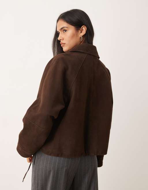 JJXX - Giacca in pelle scamosciata marrone con zip, 4 di 4