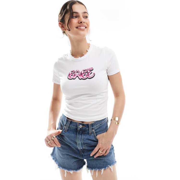 Jjxx 【 Gigi Baby Tee Women 】 ファッション レディースファッション トップス Tシャツ カットソー レディース JJXX Gigi baby tee with babe print in white | ASOS
