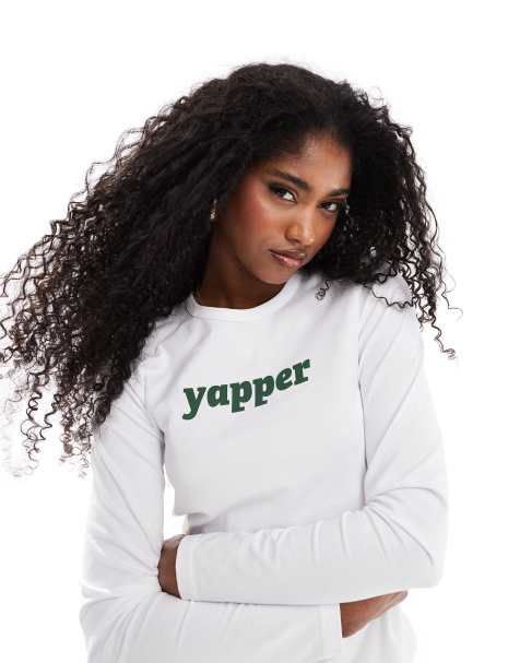 JJXX – Gigi – Biały T-shirt z długim rękawem i nadrukiem z napisem Yapper - view 1