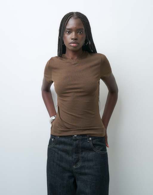 JJXX Gigi T-shirt con scollo a V in marrone scuro, 4 di 4