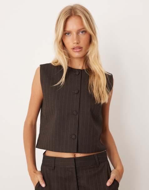 JJXX - Gilet in bruine krijtstreep, deel van co-ord set - view 1