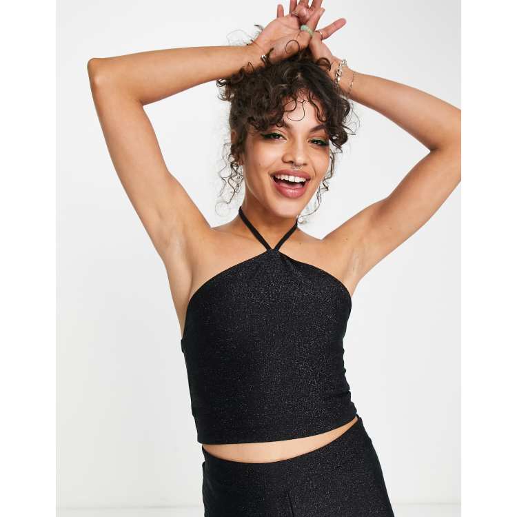 Buy MIXT by Nykaa Fashion Black Halter Neck Shimmer Crop Top Online