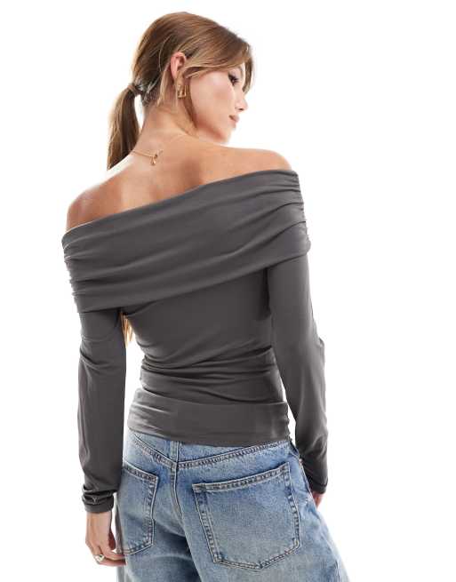 JJXX - Grå langærmet tætsiddende offshoulder-top - Del af sæt, 4 af 4