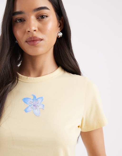 JJXX – Gul, krympt t-shirt med stort blomtryck, 3 av 4