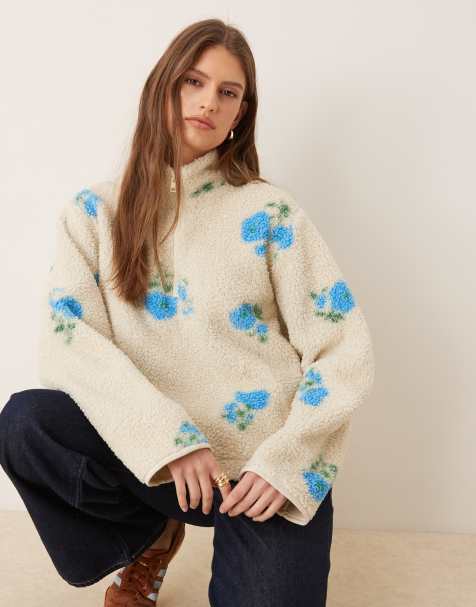JJXX half zip teddy jacket with floral print in beige