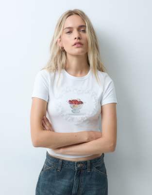 Jjxx Heart Frill Patch Baby Tee With Cherry Print In White