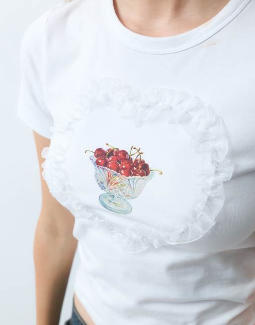 JJXX heart frill patch baby tee with cherry print in white, 3 of 4