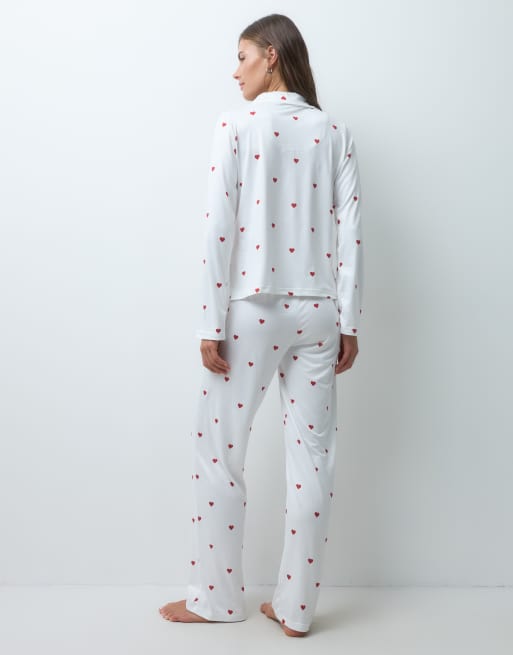 JJXX heart print long sleeve revere pyjama set in cream , 2 of 4