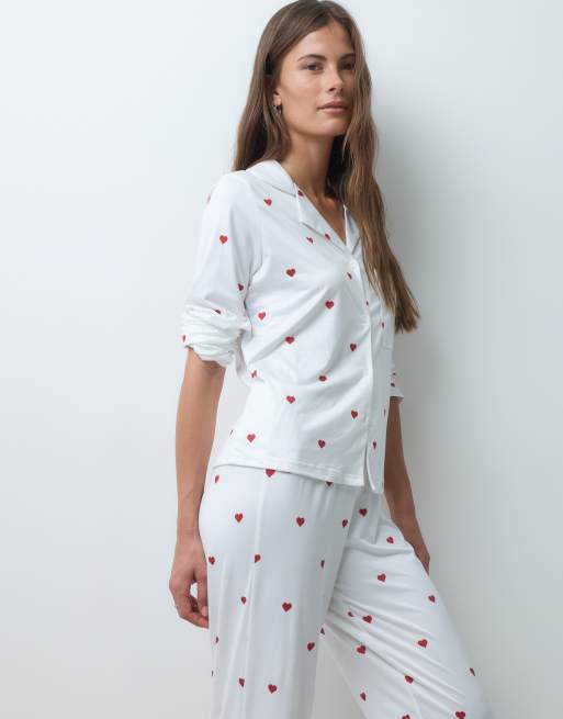 JJXX heart print long sleeve revere pyjama set in white, 3 of 4