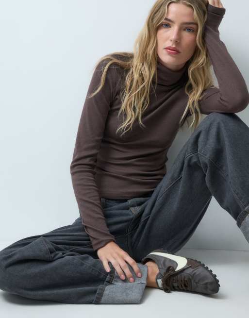 JJXX high neck long sleeve top in brown, 4 of 4