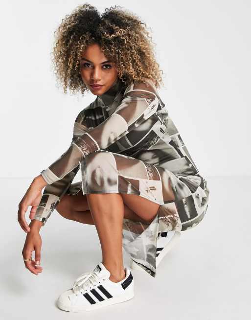 JJXX high neck mesh midi dress in newspaper print | ASOS