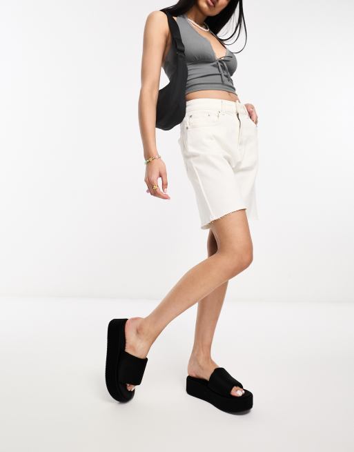 JJXX high waisted longline denim shorts in ecru, 3 of 4