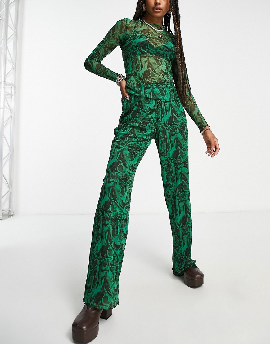 JJXX high waisted mesh wide leg trousers co-ord in green graphic print