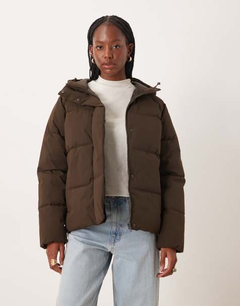 JJXX hooded puffer jacket in brown - view 1