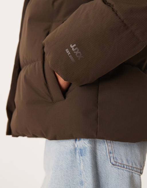 JJXX hooded puffer jacket in brown, 3 of 4