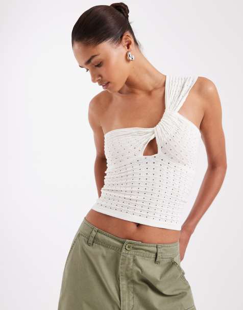 JJXX - Hvid top med oneshoulder-snit i hæklet stil - view 1