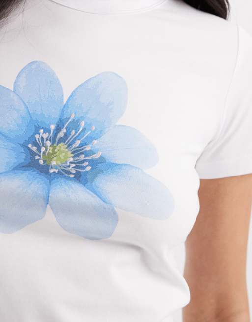 JJXX - Hvid tætsiddende T-shirt med blåt blomsterprint, 3 af 4