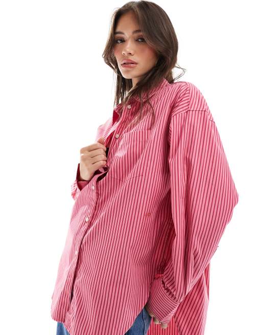JJXX - Jamie - Camicia oversize in popeline rosa a righe, 2 di 4