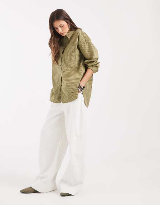 JJXX - Jamie - Camisa verde oliva a rayas extragrande de popelina, 3 de 4