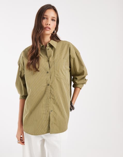 JJXX – Jamie – Oliwkowa popelinowa koszula oversize w paski - view 1
