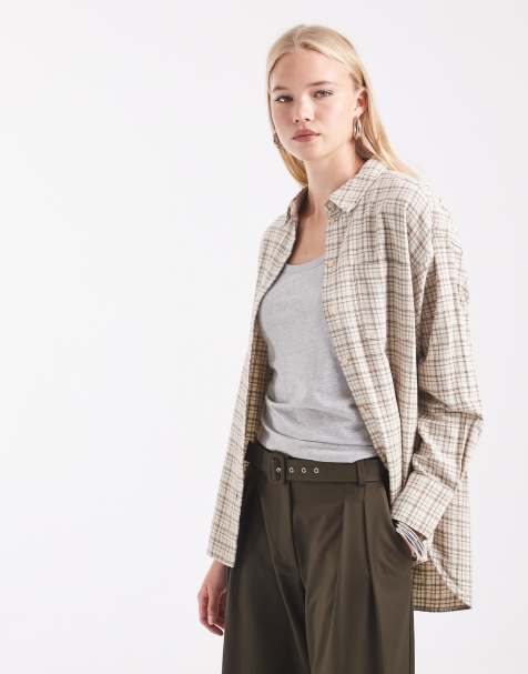 JJXX Jamie oversize-rutig skjorta i beige - view 1