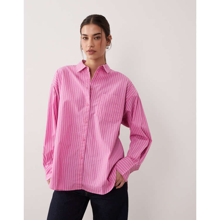 carorie BIG STRIPE SHIRT PINK Lサイズ JJXX Jamie oversized poplin stripe shirt in bright pink | ASOS