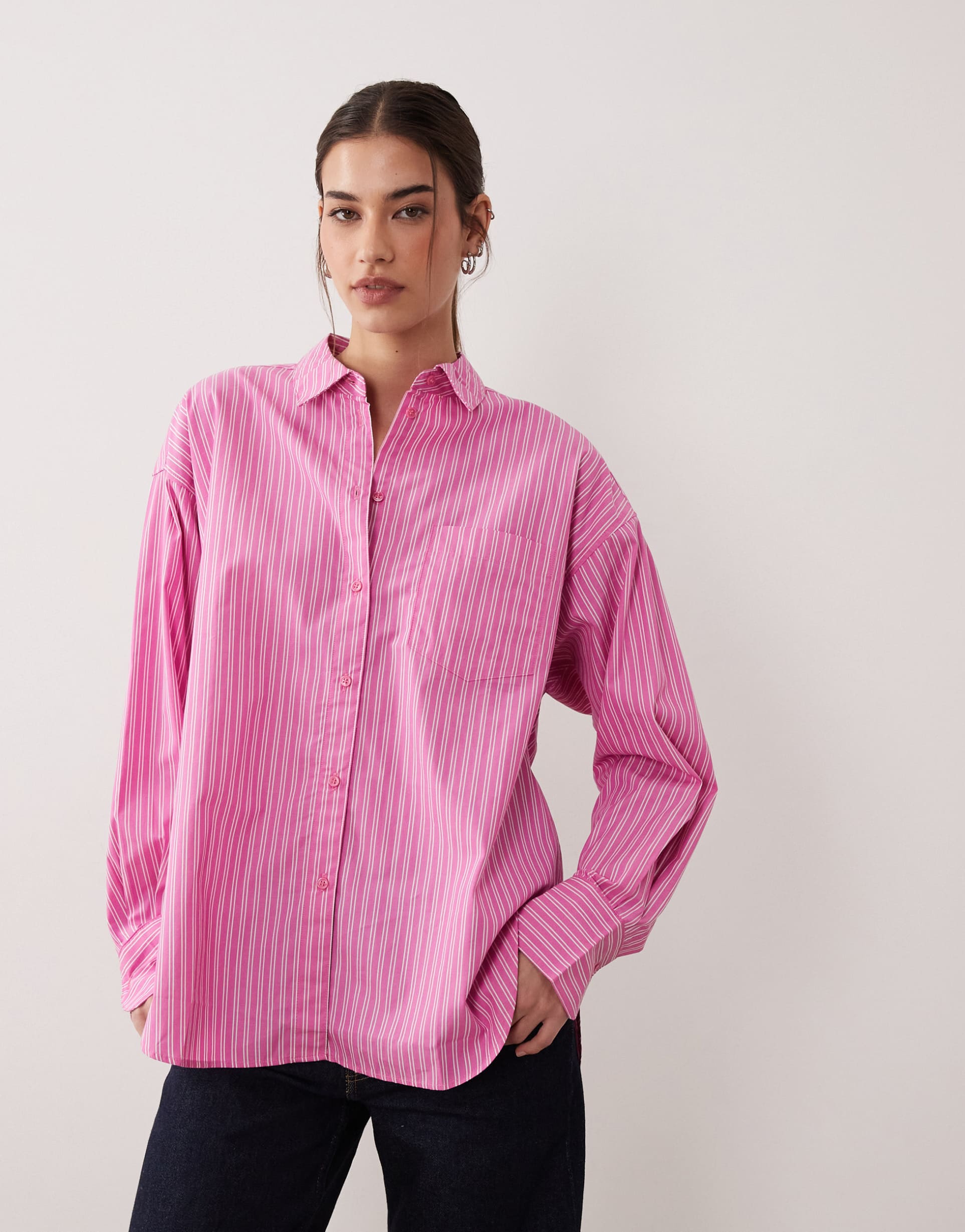 jjxx jamie oversized poplin stripe shirt in bright pink