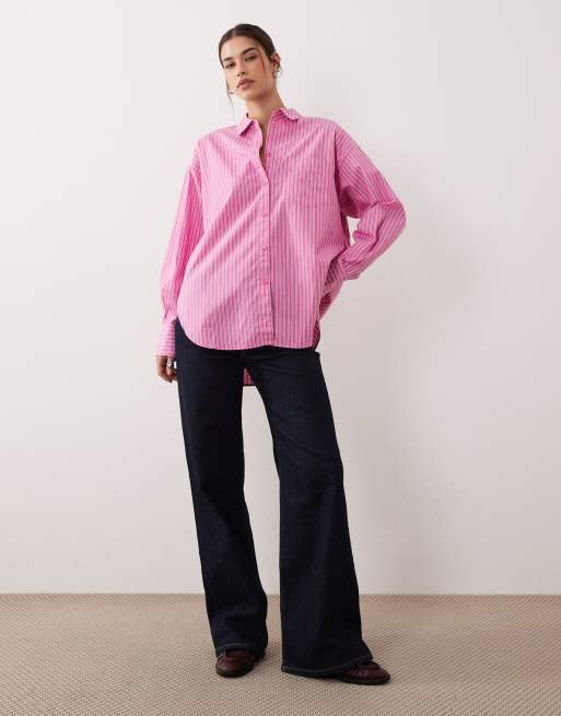 JJXX Jamie oversized poplin stripe shirt in bright pink | ASOS