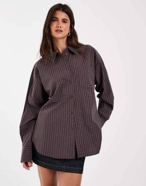 JJXX Jamie oversized poplin stripe shirt in brown - view 1