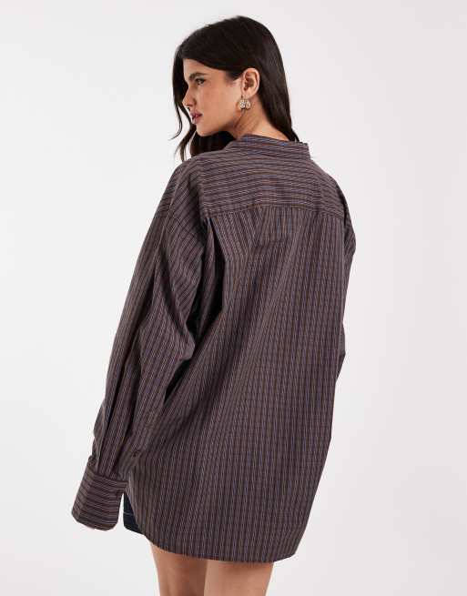 JJXX Jamie oversized poplin stripe shirt in brown, 2 of 4