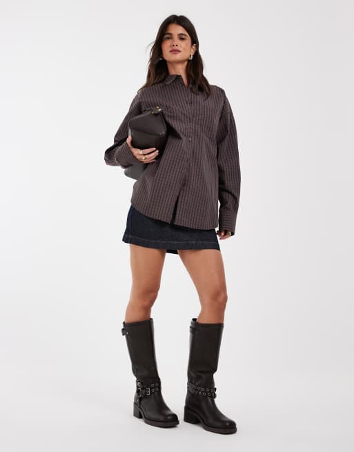 JJXX Jamie oversized poplin stripe shirt in brown, 3 of 4