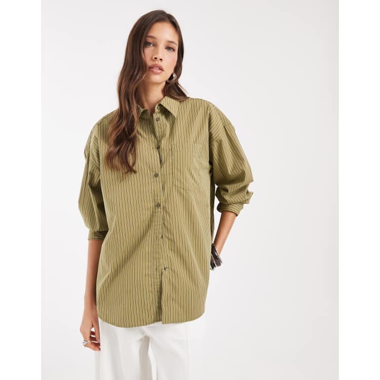 JJXX Jamie oversized striped poplin shirt in olive | ASOS