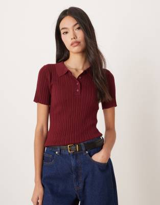 JJXX - Jersey-Oberteil in Burgunderrot mit Polokragen