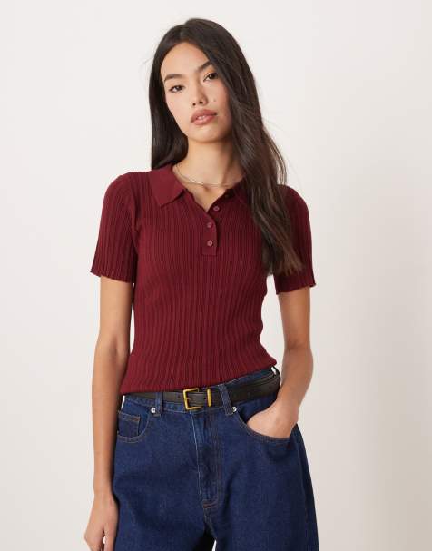 JJXX jersey polo top in burgundy - view 1