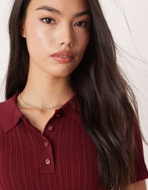 JJXX jersey polo top in burgundy, 2 of 4