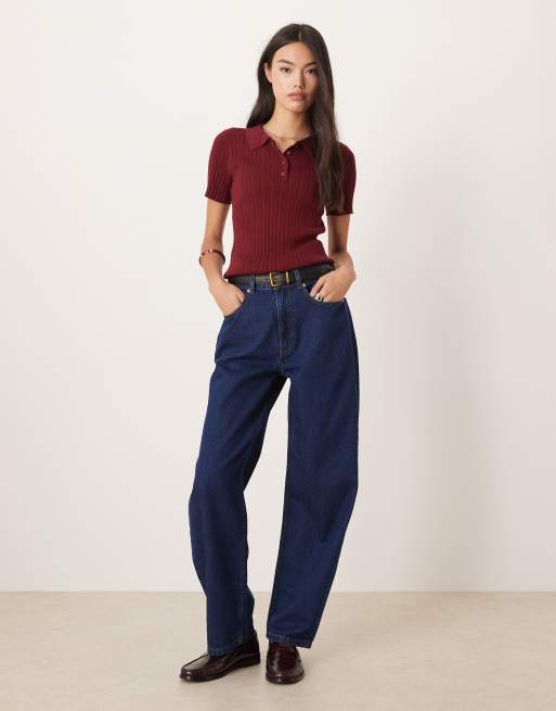 JJXX jersey polo top in burgundy, 3 of 4