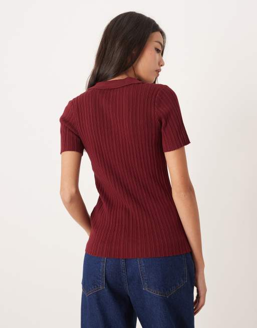 JJXX jersey polo top in burgundy, 4 of 4