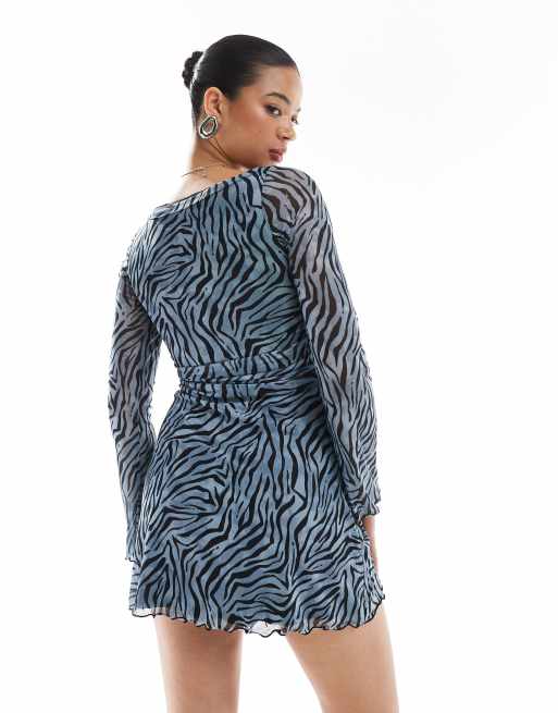 JJXX - Jurk van mesh met lange mouwen in blauwe zebraprint, 3 van 4