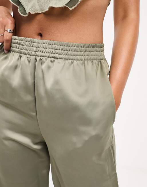 Satin High Waisted Belted Pant in Taupe