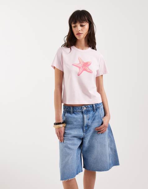 JJXX – Knapp geschnittenes T-Shirt in Pastellrosa mit großem Muschel-Print - view 1