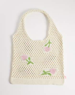 JJXX knit tote bag with rose print-Neutral