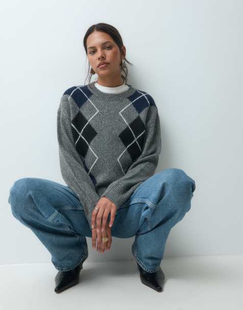 JJXX knitted argyle jumper in grey - view 1