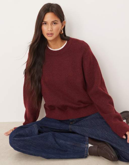 JJXX knitted crew jumper in burgundy, 4 of 4