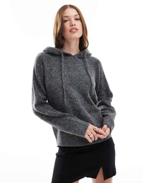 JJXX knitted fluffy hoody jumper in grey - view 1