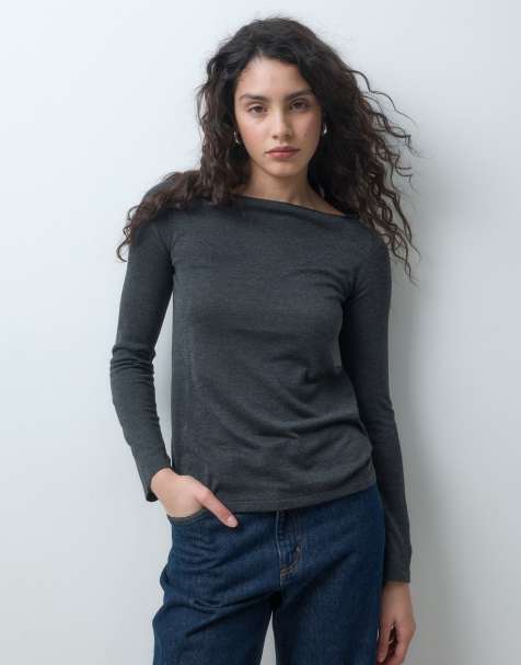 JJXX knitted long sleeve top with boat neck in dark grey - view 1