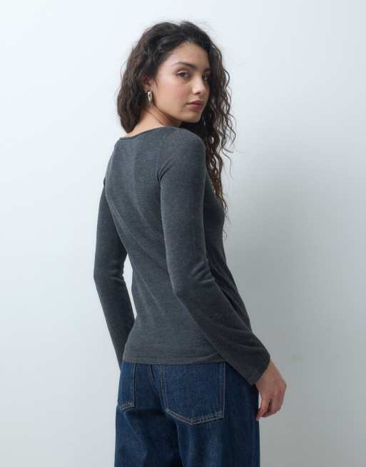 JJXX knitted long sleeve top with boat neck in dark grey, 2 of 4
