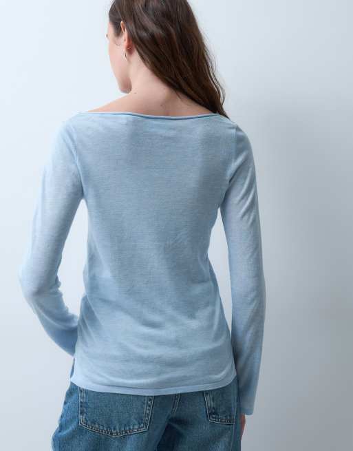 JJXX knitted long sleeve top with boat neck in light blue, 4 of 4