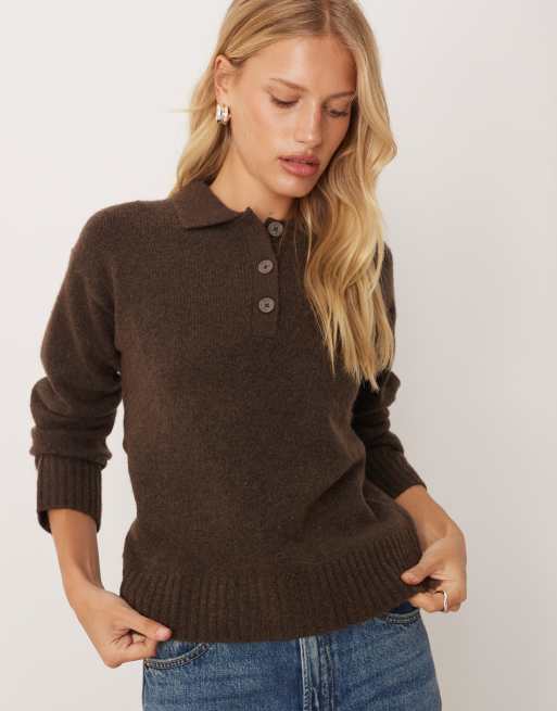 JJXX knitted polo jumper in brown